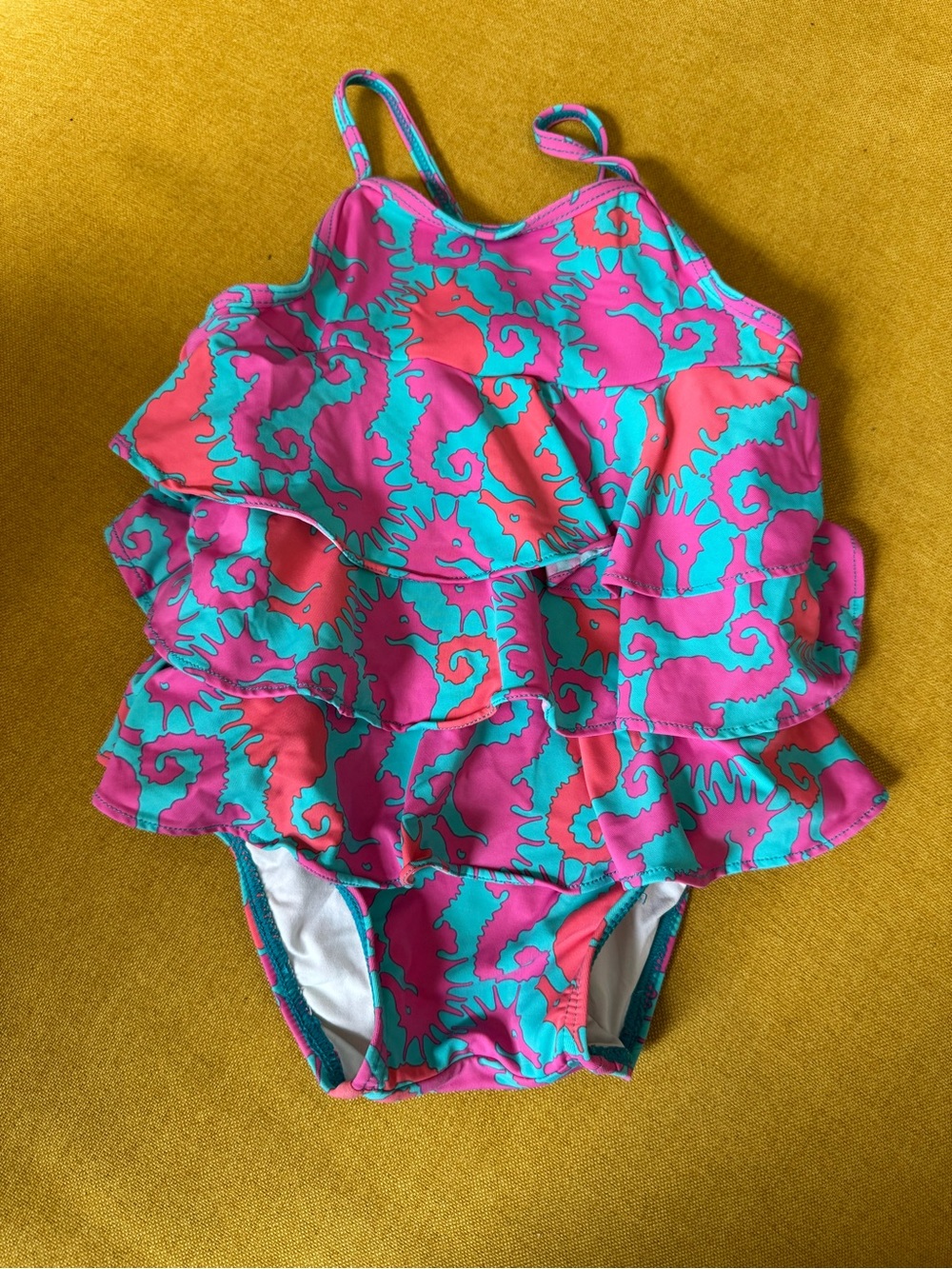 Girls' Lily Pulitzer Ruffle One-Piece Seahorse Swimsuit in Pink & Teal 6-12 mo